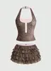 Verano nuevo cuello halter bloques de color dulce INS botón falso dos piezas estampado de leopardo espalda descubierta multicapa conjunto de falda al por mayor