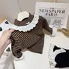Camiseta de Inverno para Meninas, Camisa Base Listrada Estilosa e Moderna com Fleece Integrado e Laço de Renda