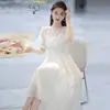 Vestido Bordado Pesado Verão Novo Estilo Super Fada Vestido Branco Viagem Férias Vestido Longo de Fada Cadarço
