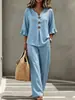 En stock y listo para enviar, conjunto de dos piezas para mujer de comercio exterior transfronterizo europeo y americano con top de manga tres cuartos con volantes y cuello en V abotonado y pantalones largos