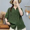 Camisa de Verano de Manga Corta de Gasa de Doble Capa Estilo Commuter Cuello en V Rayada para Mujer, Corte Holgado, Adelgazante, Top Verde Versátil