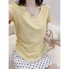 Amarelo Creme Branco Doce Garota Quente Decote Baixo Manga Curta Feminino Ombro a Ombro Verão Design Cintura Franzida Clavícula Top