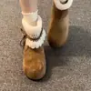 Botas de Nieve Peludas Rosas de Suela Gruesa Estilo Dulce para Mujer 2025 Invierno Gamuza con Cordones Más Terciopelo Cálidas Botas Cortas