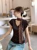 Camiseta de Manga Corta Ajustada con Estampado de Plantas Verdes para Mujer, Nuevo Estilo de Verano, Ligeramente Transparente, Top de Cuello en V 2026