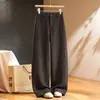 Calças Amarelas de Foice Femininas Inverno Engrossadas Quentes Modernas de Perna Larga 2026 Nova Lã Tweed Versátil Casuais