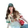 Camiseta de manga corta de algodón puro para mujer, con cuello patchwork único y diseño de grafiti de letras coloridas, corte holgado, adecuada para mujeres de talla grande, disimula el abdomen
