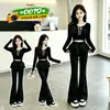 Pantalones acampanados de dos piezas estilo ballet para niñas, colección de otoño, diseño negro con volantes, estilizan y son fluidos, pantalones acampanados casuales para niños mayores