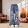 Pantalones vaqueros forrados de forro polar para niñas 2026 Invierno Nuevo Estilo coreano Pierna recta Elegante Mono infantil de forro polar Pantalones largos de invierno para bebé