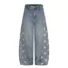 Jeans de Pierna Ancha con Estampado de Estrella de Cinco Puntas en el Lado para Hombre, Nuevo Estilo de Primavera con Diseño Diagonal, Corte Holgado, Pantalones Largos Casuales para Mujer