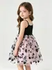 Vestido de Princesa de Verão para Meninas, Sem Mangas, Ombro a Ombro, Patchwork de Renda com Bordado de Flores, Vestido Formal Moderno com Babados, Roupa Infantil