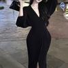 Vestido Largo Bodycon Ajustado con Escote en V, Mangas Abullonadas y Abertura, Estilo Puro Deseo, para Mujer, Primavera y Otoño, Nuevo Transfronterizo Europeo y Americano, Adelgazante