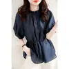 Camisa de design estilo ocidental com manga bufante feminina roupas outono inicial nova manga curta leve madura estilo Hong Kong nicho que reduz a idade camisa moda