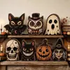 Decoraciones de bandeja de madera de mesa de Halloween estilo retro americano con fantasmas, gatos negros, calabazas y búhos para exhibiciones en el hogar y en ventanas