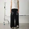 Calça de moletom estilo americano com patches estampados de letras de bolso, unissex, estilo minimalista, nicho, caimento relaxado, calça casual de perna reta