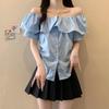 Verano Nuevo Estilo Francés Camisa con Volantes de Manga Corta y Hombros Descubiertos para Mujer Dulce Combinación con Todo Gama Alta Reductor de Edad