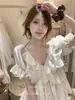 Como Blusa Romântica de Chiffon com Babados e Decote V de Manga Curta Estilo Francês Oficial de Verão 26939