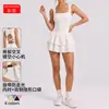 Macacão de yoga justo com costas cruzadas, acolchoamento removível, babados de renda com bolsos, saia curta esportiva para fitness feminino