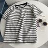 Camiseta de manga curta de malha estilo americano estilo retrô Chanel primavera e verão nova blusa coreana listrada estilo Hong Kong solta para mulheres