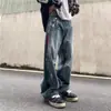 Pantalones de mezclilla de otoño para hombre, estilo callejero americano, geniales y atrevidos, lavados y desgastados, de pierna ancha, modernos, corte holgado, pierna recta, pantalones largos casuales
