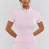 Tk Ropa Deportiva de Secado Rápido Transfronteriza Camiseta Casual de Fitness Cremallera Manga Corta Ajustada Ropa de Yoga para Mujer Control de Abdomen Deportiva Exterior