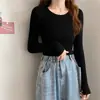 Blusa de punto de manga larga ajustada de color liso con cuello redondo, estilo coreano, para otoño e invierno, al por mayor para mujer, adecuada como prenda exterior y para mantenerse abrigada