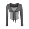 Nuevo Cardigan de Encaje con Cordones Estilo Artístico Francés Otoño 2026 Camiseta de Manga Larga para Mujer, Top de una Pieza Patchwork Falso Dos Piezas
