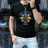 Camisa de cuello redondo de manga corta para hombre personalizada con diamantes de imitación de moda cómoda y combinable con todo, camiseta de manga corta para hombre de algodón de seda de hielo de corte entallado de estilo europeo de verano