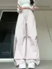 Pantalones de Paracaídas de Secado Rápido Color Rosa Claro Estilo Retro Americano con Paneles Laterales, Cintura Elástica, Corte Holgado, Pierna Ancha tipo Cargo para Mujer