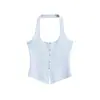 Top sin mangas halter de estilo 'chica hot' y deseo puro para mujer, prenda exterior de verano, de un solo botón, sin espalda, sexy, ajustado, top corto para usar en capas