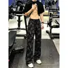 Calça de veludo cotelê estampada estilo americano, corte solto, perna reta, com caimento fluido, para primavera/outono de 2026, calça de moletom larga, moderna e versátil, para o dia a dia