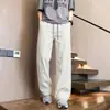 Calça casual trendy estilo americano para primavera e outono, malha de seda gelada vazada, unissex, cintura elástica com cordão, calça longa esportiva