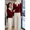 Conjunto de malha de duas peças base, moderno e minimalista, para mulheres, nova coleção outono/inverno 2026, suéter elegante e simples com gola vermelha