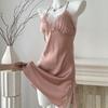 Novo Pijama Sexy de Verão Feminino de Seda Gelo Cor Pura Fenda Camisola com Alças Decote V Fino Acessível Luxo Roupa de Casa Conjunto de Duas Peças
