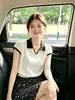 Camiseta de punto para mujer con cuello camisero de color de contraste, nuevo estilo primavera-verano, tacto de alta gama, corte holgado, adelgazante, mangas acampanadas, rejuvenecedor, top petite, ligero