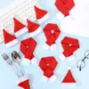 Decoração de Natal Chapéu de Natal Chapéu de Tecido Escovado Conjunto de Faca e Garfo para Chapéu de Natal Chapéu para Garrafa de Vinho Conjunto de Faca e Garfo de Natal