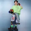 Conjunto de Ropa de Hip-Hop a la Moda para Niños, Pantalones Cortos de Mezclilla con Parches de Manga Corta, Conjunto de Ropa para Actuación, Ropa Elegante de Hip-Hop para Actuación