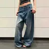 Jeans com estampa de estrela, design de fivela Paris estilo americano para homens e mulheres, calças casuais versáteis, lavadas, folgadas, retas, perna larga
