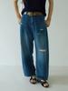 [Oufan] Jeans da Moda com Design de Rasgos e Buracos Cintura Alta para Mulheres Verão Estilo Coreano Visual Emagrecedor Calça Wide Leg Nove Pontos 3039