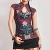 Camiseta de Manga Corta Ajustada con Estampado Floral Desgastado, Hebilla, Cuello Alto de Pie, Estilo Chica Picante China Nueva, Top Qipao