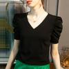 Camiseta de Cuello en V para Mujer de Manga Corta 2026 Verano Nuevo Estilo Amigable con la Piel Transpirable Algodón Hielo Camiseta Blanca Top Holgado de Manga Abullonada