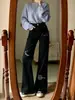 Jeans acampanados elásticos con graffiti Chao Li Youhuo para mujer, otoño, corte holgado, no apretados en las piernas, pantalones de campana de pierna ancha para personas menudas