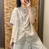 Gola Alta Design de Bolso Verão Novo Versátil Manga Curta Cardigan Liso Emagrecedor Algodão Linho Manga Curta Camisa Top Roupas Femininas