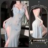 Lingerie Sexy com Renda Transparente, Camisola Sedutora sem Costas, Estilo Puro Desejo com Fenda Alta e Alça Fina Vestido Longo