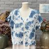 Wen Chuang Tie Dye Tingimento Azul Tingimento Vegetal Azul e Branco Tricô Vazado Manga Curta Jaqueta Cardigan Protetor Solar Jaqueta para Usar por Cima