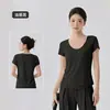Camiseta feminina de manga curta para yoga, resfriamento transfronteiriço, modeladora, fitness, top esportivo casual respirável para Pilates com decote U