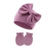 Gorro para Menina Recém-Nascida Inverno Conjunto de Gorro e Luvas para Bebê Faixa de Cabelo de Tricô com Laço para Meninas
