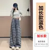 Calça Casual Feminina Plus Size de Primavera Xadrez Wide Leg Feminina Retro Cintura Alta Fluida Amarração na Cintura Estilo Preguiçoso Reta Longa