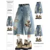 Shorts jeans rasgados de alta qualidade estilo retro americano para mulheres plus size, calças de verão com cintura alta, calças cropped retas que afinam