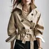2026 Gabardina corta cruzada color caqui transfronteriza, estilo commuter primavera y otoño, cintura con cinturón, mangas abullonadas, chaqueta para mujer
