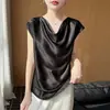 Satén de Seda 2026 Primavera/Verano Nuevo Estilo Corto para Mujer Estilo Francés Cuello Drapeado Suave Como la Seda Elegante Camiseta Top Simple de Manga Corta